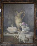 G. Bassiez, oil on canvas, Still life of porcelain upon a commode, signed, 88 x 69cm