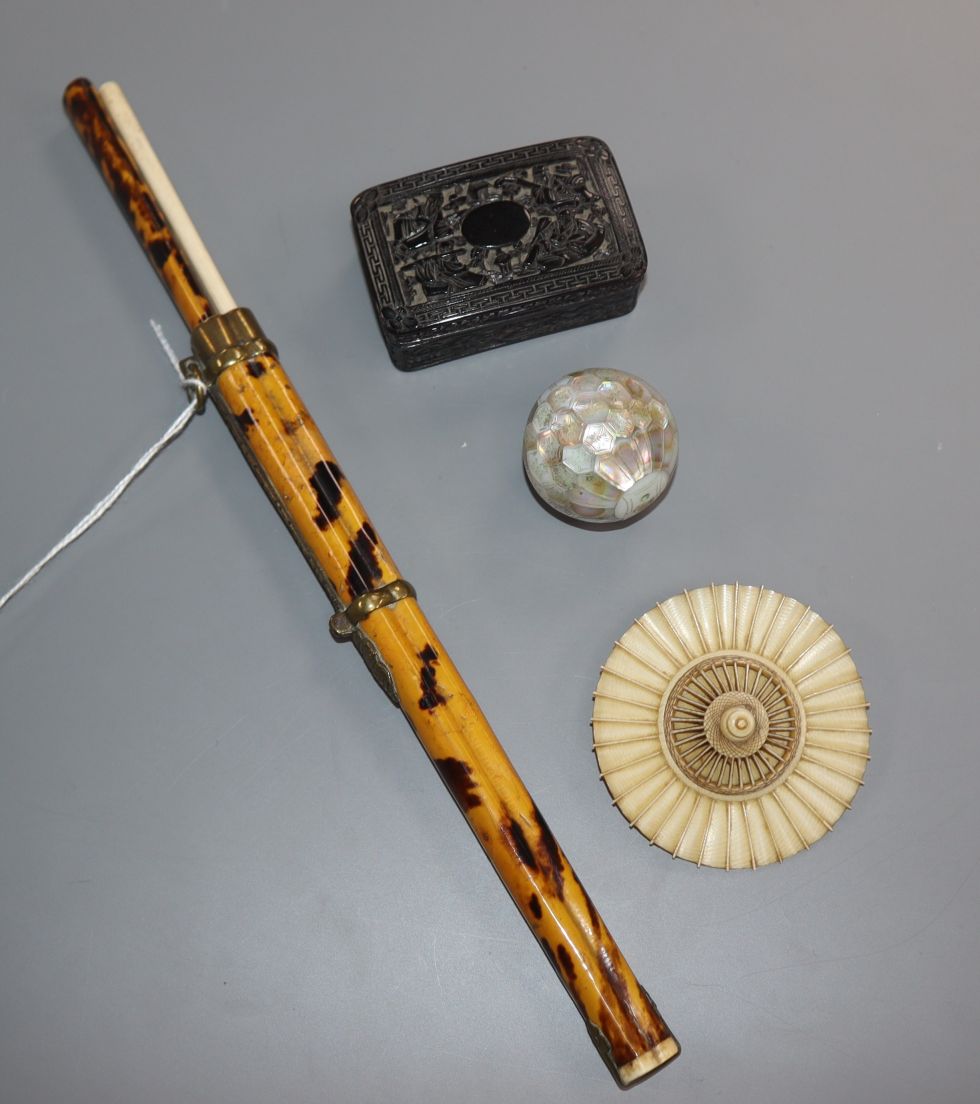 A Chinese tortoiseshell snuff box, a pair of chopsticks, mother-of-pearl ojime and an ivory