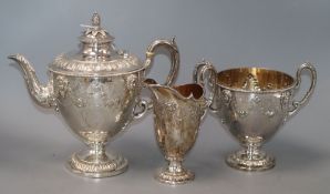 A late Victorian silver plated three tea set by Martin, Hall & Co.
