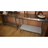 Two industrial aluminium two tier tables larger W.140cm