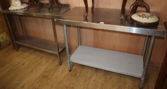 Two industrial aluminium two tier tables larger W.140cm