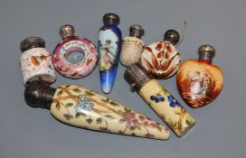 Eight assorted late 19th/early 20th century silver or white metal mounted painted porcelain scent