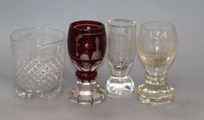 Three Masonic wheel engraved glasses and a christening glass dated 1830