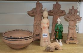 Five Chinese pottery figures, Tang dynasty or later and an Indus Valley bowl