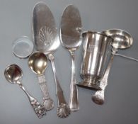 A Norwegian white metal small vase, two similar servers, a napkin ring, two small spoons and a
