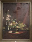 M. Berthelon, oil on canvas, still life of Fruit and champagne bottles on a table top, signed, dated