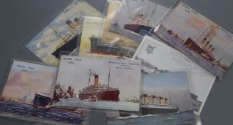 A collection of 20 White Star Line postcards, three depicting TSS Titanic, two TSS Olympic and other