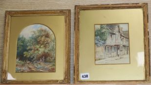 English School, two watercolours, Figure beside cottages and Children beside a stream, largest 18