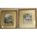 English School, two watercolours, Figure beside cottages and Children beside a stream, largest 18