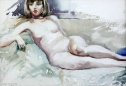 Arthur Bradbury (1892-1977)watercolour,Study of a reclining nude,signed and dated 1965,7 x 10.5in.