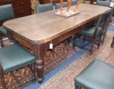 A Victorian stained pine and mahogany refectory table L.258cm