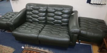 A De Sede green leather settee and a pair of stools settee W.160cm