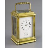 A late 19th century French ormolu quarter repeating carriage alarm clock, in gorge case, with