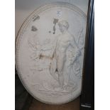 An oval relief moulded plaster classical plaque H.80cm