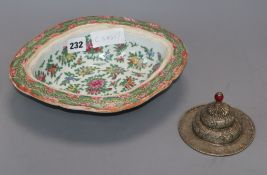 A Chinese famille rose bowl and a metal rice bowl lid