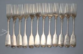 A matched set of twelve Victorian silver dessert forks, London, 1899(8) and London, 1844(4), 17.5