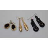 A pair of jet drop earrings and two other pairs of Victorian earrings including yellow metal,
