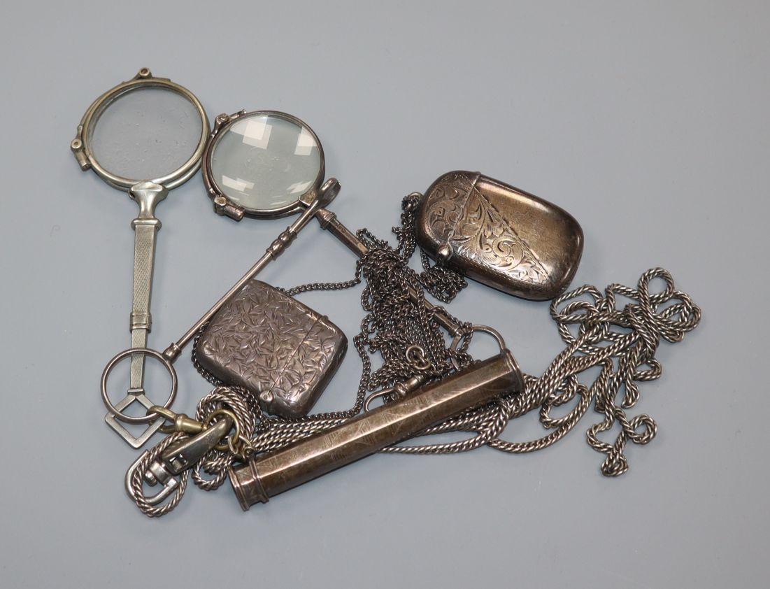 Mixed silver and other items including two silver vesta cases.