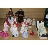 A collection of Doulton figurines: The Orange Lady, Jovial Monk and Sleeping Beauty (16 items)