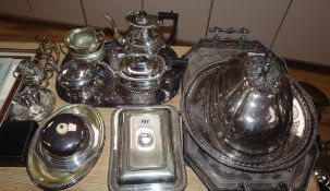 A collection of silver plated flatware, a Victorian circular tray, etc