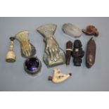 Mixed items including seal, letter clips, snuff box, pipes etc.