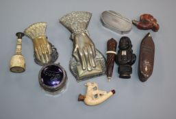 Mixed items including seal, letter clips, snuff box, pipes etc.