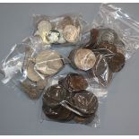 A small collection of silver and other coinage, including 1820 and 1889 crowns, a George III