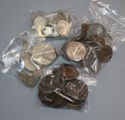 A small collection of silver and other coinage, including 1820 and 1889 crowns, a George III