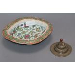 A Chinese famille rose bowl and a metal rice bowl lid