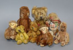 Eight assorted small fur toys including Schuco and three monkey scent bottles