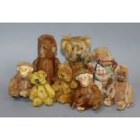 Eight assorted small fur toys including Schuco and three monkey scent bottles