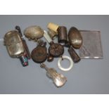 Mixed collectables including plated sovereign/vesta case, thimbles, violin vesta, rattle, silver