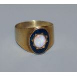 A George III yellow metal, white opal and enamel mourning ring, for John Bell, 1807, (opal later