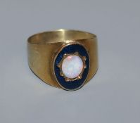 A George III yellow metal, white opal and enamel mourning ring, for John Bell, 1807, (opal later