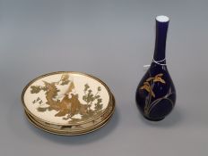 Three Satsuma plates and a blue and white gilt vase Vase H.23cm