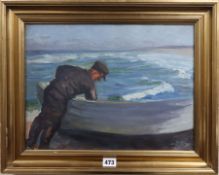 O.M., oil on canvas, Fishermen beside the shore, monogrammed, 30 x 40cm