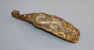 A Chinese gilt bronze and hardstone mounted belt hook, Han Dynasty style