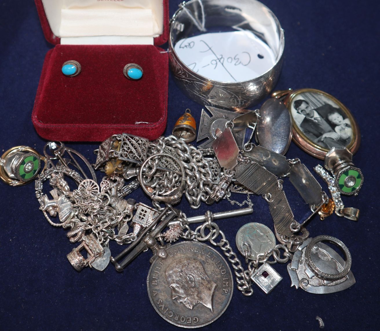 Mixed silver/white metal and costume jewellery including silver hinged bangle.