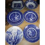 A set of six blue and white Iris plates and a collection of Willow pattern ceramics