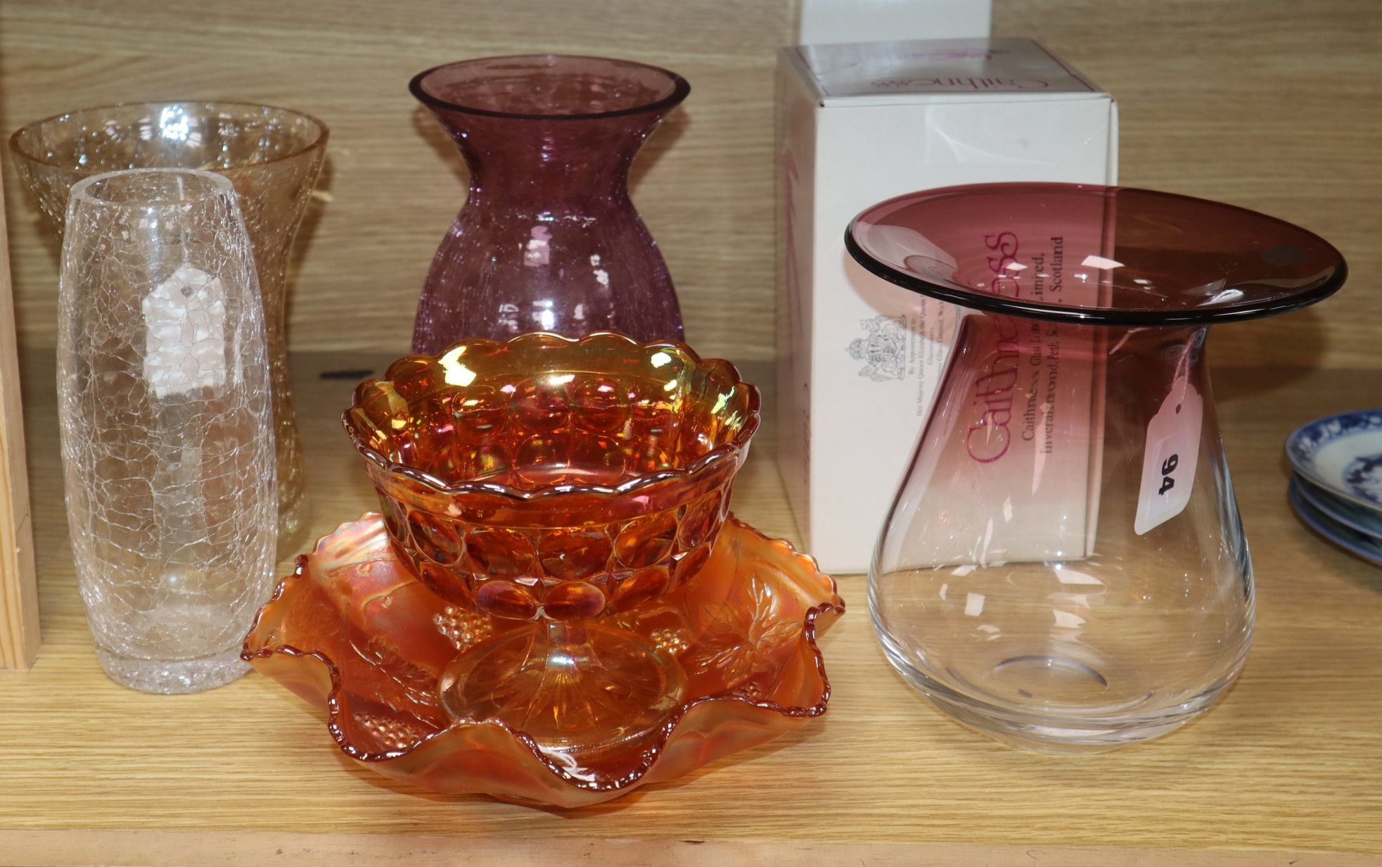 Two items of Carnival glass, three craquelure glass vases, two Caithness vases and a large bulbous