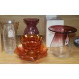 Two items of Carnival glass, three craquelure glass vases, two Caithness vases and a large bulbous