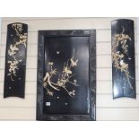 A Japanese Meiji shibayama panel (framed) and a pair of similar shaped smaller panels, variously