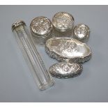 An Edwardian repousse silver trinket box, Birmingham, 1905 and five assorted silver mounted glass