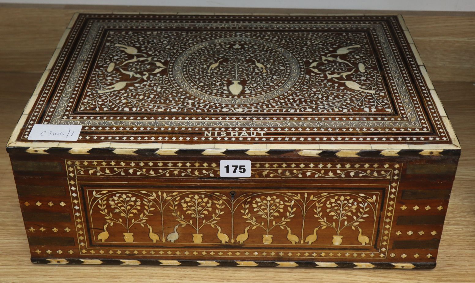 An inlaid hardwood toilet box length 46cm