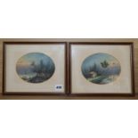 Late 19th century Anglo Chinese School, two oils on card, Waterside scenes, ovals, 13 x 16.5cm