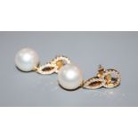 A pair of 18ct yellow gold, pearl and grain-set diamond drop earrings, 26mm.