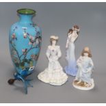 An enamelled car mascot, two2 Coalport figures, a Worcester figure and a cloisonne vase