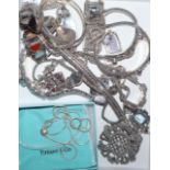 A small group of assorted white metal and 925 jewellery, including hardstone bracelet.