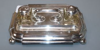 An Edwardian silver inkstand, Barker Brothers, Chester, 1906, (wells a.f.) 27.5cm, 16 oz.