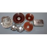 A late Victorian silver butter shell, three modern silver coasters, two silver salts and a clothes